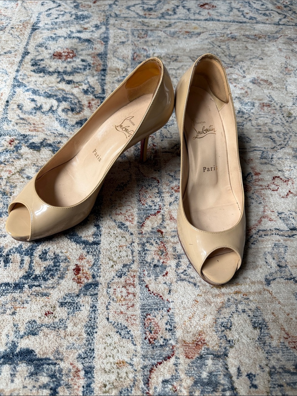 Christian Louboutin “Mater Claude” Beige Patent Peep-Toe Pumps